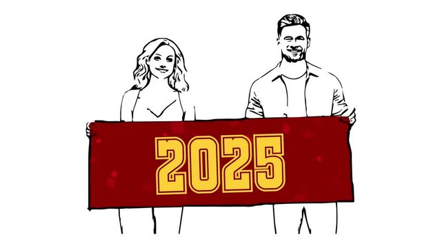 2025 year Animation Digital banner With Girl and Boy
