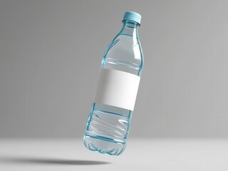 A clear water bottle with blank label, suspended in mid-air against a neutral background, perfect for branding.