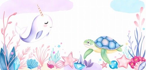Cute narwhal and turtle underwater scene, perfect for children's room decor.