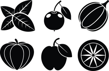 6-vector silhouette fruits icon set features a collection of fruit icons in a clean and minimalist style. Perfect for food-related projects, product labels, packaging, menus, and digital designs. 