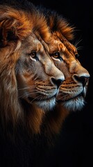 Fototapeta premium Two majestic lions, side profile, dark background.