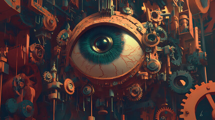 A stylized representation of omniscient oversight, featuring a giant eye surrounded by gears, clockwork mechanisms, and. Omniscient. Illustration