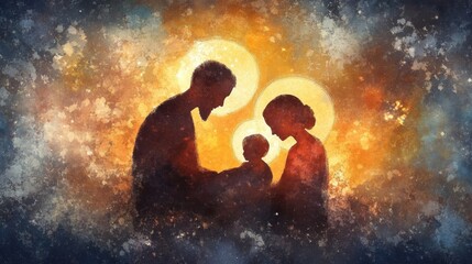 Obraz premium A serene watercolor portrayal of the Holy Family with glowing halos, soft brushstrokes, and a peaceful, radiant backdrop.
