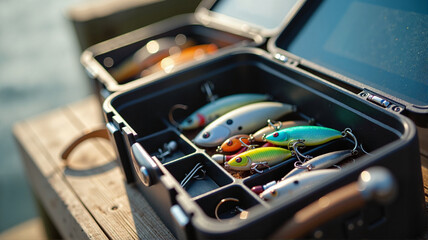Variety of colorful fishing lures in an open tackle box on a wooden dock