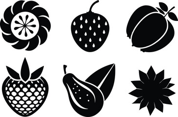 6-vector silhouette fruits icon set features a collection of fruit icons in a clean and minimalist style. Perfect for food-related projects, product labels, packaging, menus, and digital designs. 