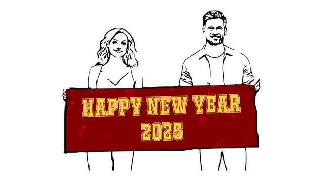 Happy New Year 2025 Animation Digital banner With Girl and Boy