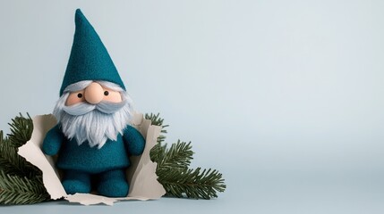 Christmas Holiday: Adorable Festive Gnome Emerging from Torn Paper with Greenery Decoration