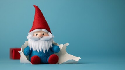 Festive Gnome Plush Emerging from Torn Paper During Christmas Celebration