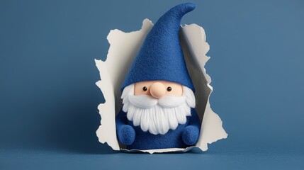Christmas Decoration: Cheerful Blue Gnome Emerging from Torn Paper