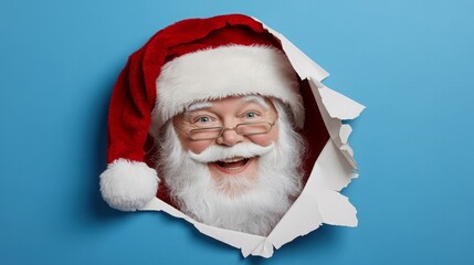Christmas Holiday Celebration: Classic Santa Claus Face Emerging Through Torn Paper Background