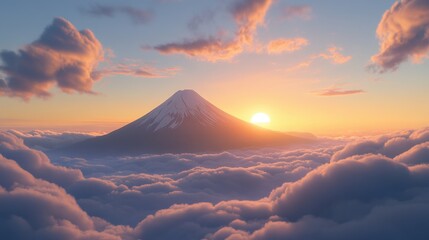 A stunning aerial view of Mount Fuji at dawn, with its peak rising above a blanket of clouds.