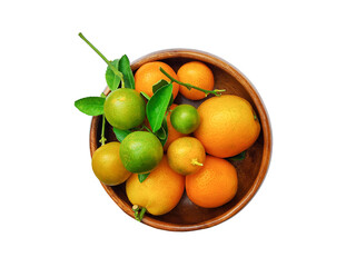 Kumquat orange fruit with leaf in wooden bowl isolated on white background.