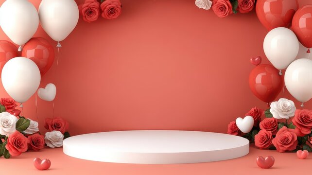A clean podium setup with a blank surface, featuring red and white balloons and roses as Valentine accents