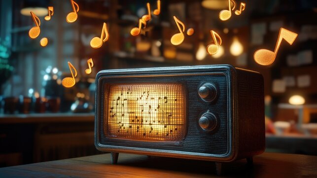 A retro radio framed by whimsical floating music notes, capturing the magic of vintage music and sound, ideal for creative designs.