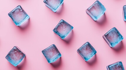 Frozen Geometry Minimalist Pattern of Sparkling Ice Cubes on a Pastel Pink Background