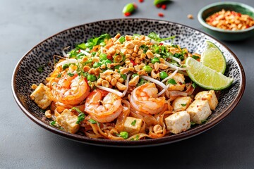 A delicious bowl of shrimp pad thai with fresh lime, herbs, and crushed peanuts for a flavorful experience.