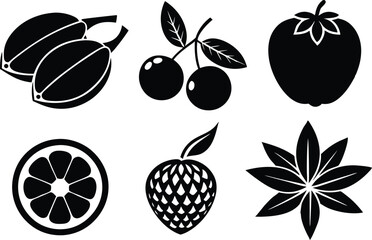 6-vector silhouette fruits icon set features a collection of fruit icons in a clean and minimalist style. Perfect for food-related projects, product labels, packaging, menus, and digital designs. 