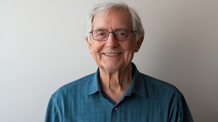 A smiling senior man with grey hair and glasses, standing confidently against a white background, representing maturity and knowledge.