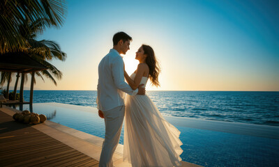 couple embraces in romantic moment by ocean at sunset, surrounded by tropical scenery. serene atmosphere enhances their love and connection