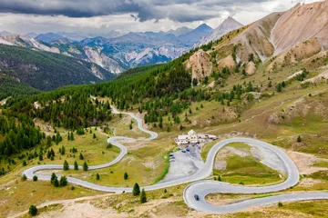Gordijnen IZOARD PASS, FRANCE: winding road and "Refuge Napoleon" hotel,  road towards Cervieres and the North, top of famous high altitude alpine pass, Mercantour National Park, Alpes de Haute Provence © Pvince73