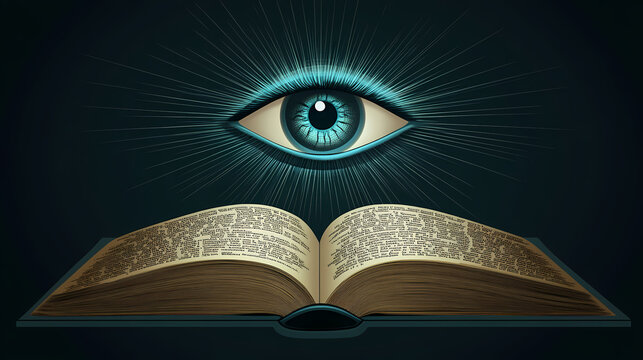 An all-seeing eye over an open book symbolizes knowledge and wisdom, ideal for an omniscient eye concept in banner design. Omniscient. Illustration