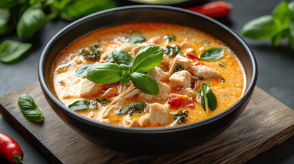 Rich soup with chicken blend, healthy in spoon with meal view, closeup showing recipe and herbs mix, dish through bowl fresh vegetable.