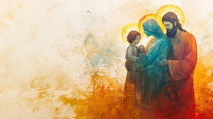A watercolor painting of the Holy Family with glowing halos, radiant light, intricate details, and a peaceful backdrop, evoking divine serenity.