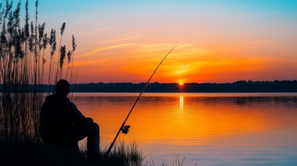 A tranquil evening by the lake. The fisherman enjoys the calm waters as the sun sets. Nature and solitude blend beautifully here. Generative AI