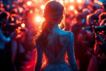 A glamorous red carpet scene with a celebrity posing in an elegant outfit. Generative AI