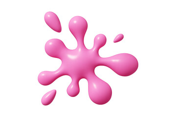 Pink liquid blob shape with 3d vector abstract splat design. Glossy paint spill featuring rounded edges and droplets creates dynamic splash effect. Modern decorative element for creative projects.