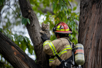 Firefighter rescues kitten from tree