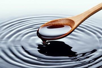 Soy Sauce Pouring from Wooden Spoon onto Water Ripple Background. AI generated illustration