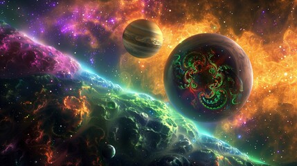 Obraz premium Abstract cosmic scene with planets featuring fractal designs, surrounded by a colorful, glowing nebula.