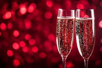 Two Glasses of Champagne on Red Bokeh Background for New Year Celebration. AI generated illustration