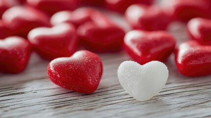 Obraz premium Close-up of Red and White Heart-Shaped Candies on Table with Focused Pure-White Heart Candy, Blurred Background, Soft Lighting, Gentle Shadows, Overhead Perspective for Commercial Use 