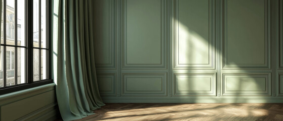 Obraz premium serene interior featuring muted green walls and natural light streaming through large windows, creating calming atmosphere
