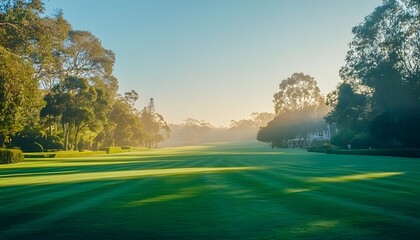 Fototapeta premium Serene Morning Landscape of a Golf Course Surrounded by Lush Greenery and Gentle Fog Illuminated by Soft Sunlight