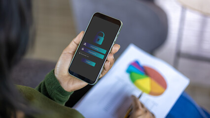 Business woman use smartphone to login window, Cybersecurity concept Global network security technology, Secure access to user personal information, Secure Internet access, Cybersecurity to phone.