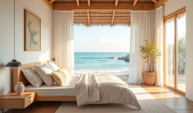 Fototapeta beach house bungalow inside on the coast with sea view