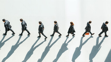 people walking in a row, casting long shadows on a light-colored surface. The individuals are dressed in formal attire, and one person is carrying a briefcase.