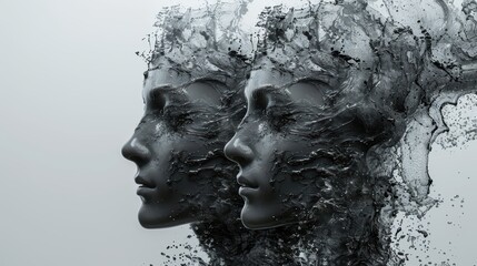 An abstract concept of duality represented through digitally interpreted human faces dissolving into intricate, fluid-like structures that evoke a sense of ethereal transformation