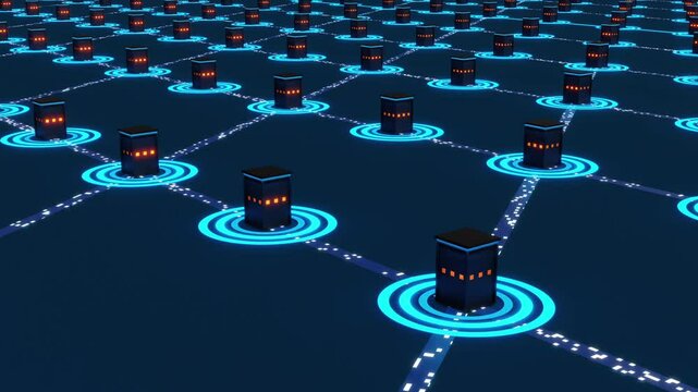Data streams between connected network server, abstract model. Digital data, computer equipment, technology, hard drive, IT support, cloud computing, binary data, computer network. 3D animation