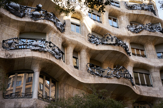 Barcelona, ​​Spain - 10, 10, 2024, La Pedrera Casa Mila, work of Antoni Gaud&iacute;. External view of the facade of the building  