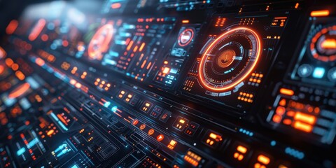 Obraz premium The futuristic control panel displays an array of interactive digital interfaces with vibrant orange and blue LED lights for an immersive sci-fi experience