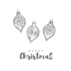 Square visual designed for Christmas social media post. Minimalist vector design with beautiful hand written text and line art(outline) Christmas balls. Design for print and online projects. 