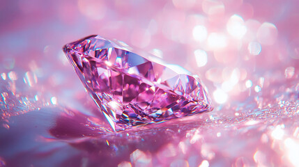 Shiny diamond with reflection, glowing light creates wallpaper, refraction produces colorful luxury effect, pink holographic pattern emerges, abstract texture overlays background.