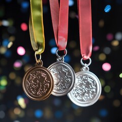 Floating Bronze, Silver, and Gold Medals with Confetti