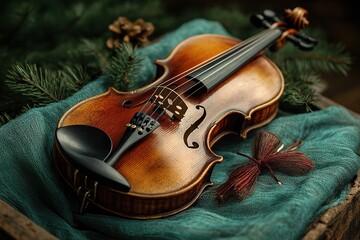 Vintage violin with delicate strings on rustic teal fabric surrounded by pine needles and...