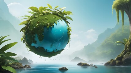 Fototapeta premium Green eco friendly world from fresh leaves top view. Energy saving, ecology and environment sustainable resources conservation, technology ecology and environmental protection concept, generative AI