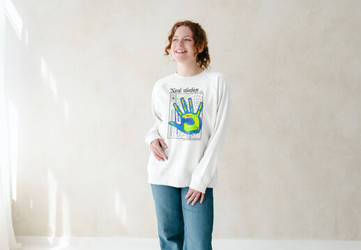 Mockup Of Woman Wearing Customizable Sweatshirt In Studio